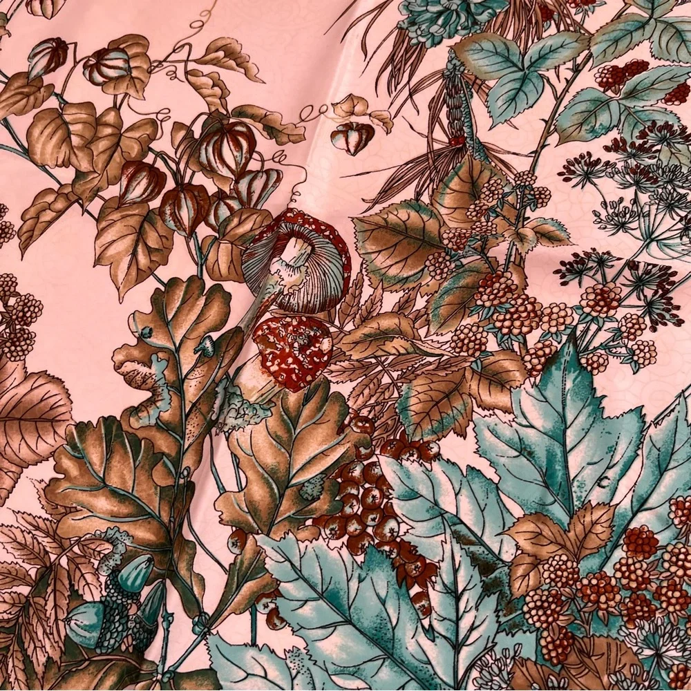 Vintage MCM Constanze  Fairycore Floral Mushroom Rust Aqua Jacquard silk Scarf